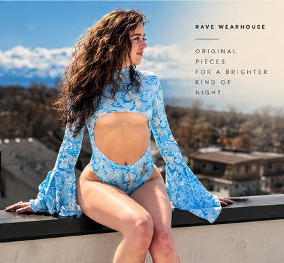 Azure Blossom Bodysuit Rave Apparel - Women's Rave Outfit, Festival, Rave Ware, and Multi Purpose