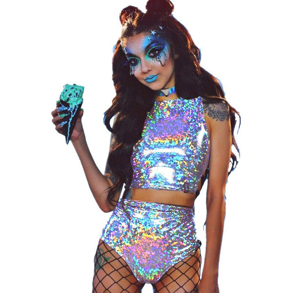 Holographic High Waist Crop top and Shorts