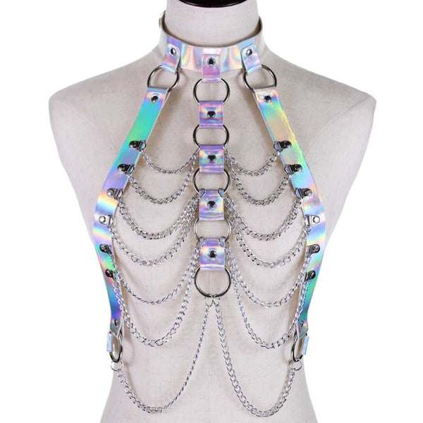 Holographic Leather Bra Chain Harness
